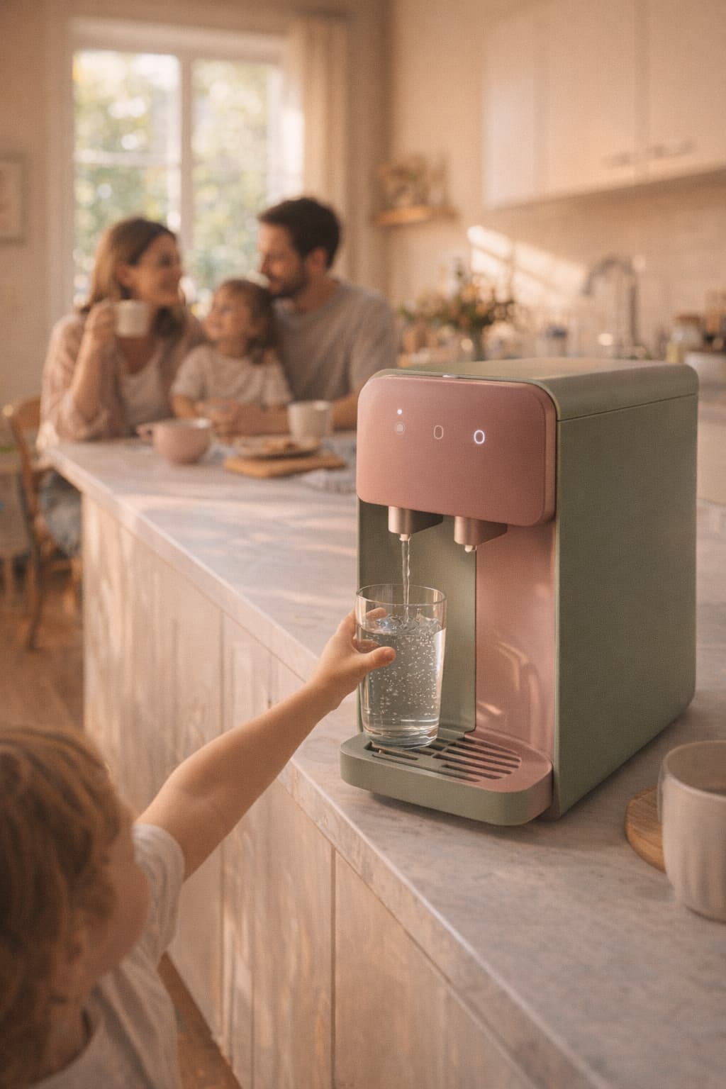 A warm Buenos Aires home kitchen on a Saturday morning with a sleek modern water dispenser, soft natural light, and a child filling a glass of clean water while family gathers in the background.