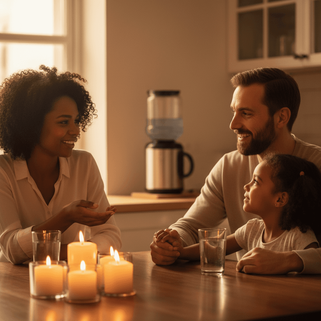 Familia disfrutando de agua pura alrededor de la mesa