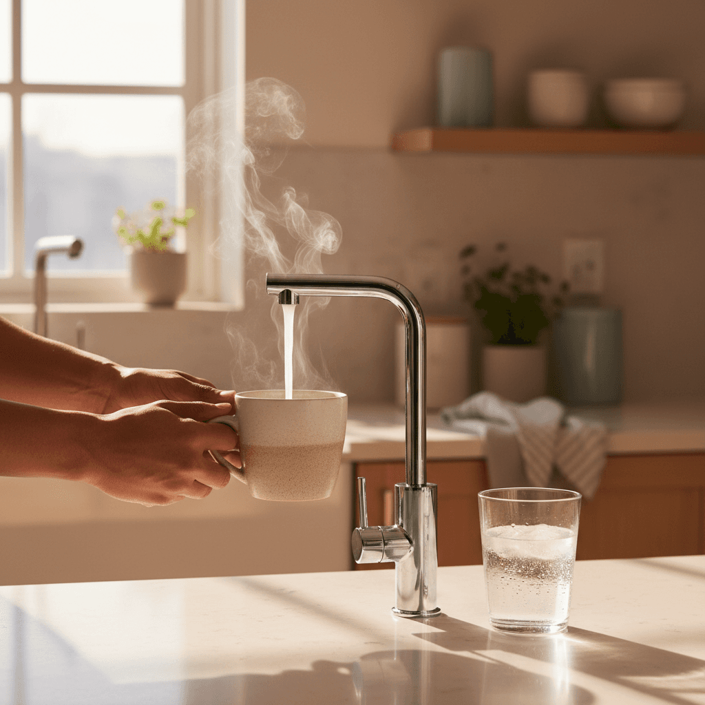 Usuario disfrutando de agua caliente y fría disponibles instantáneamente