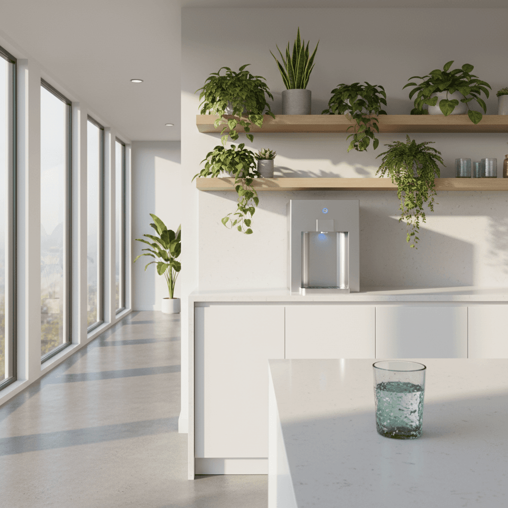 Dispensador moderno sin botellas en cocina con plantas verdes