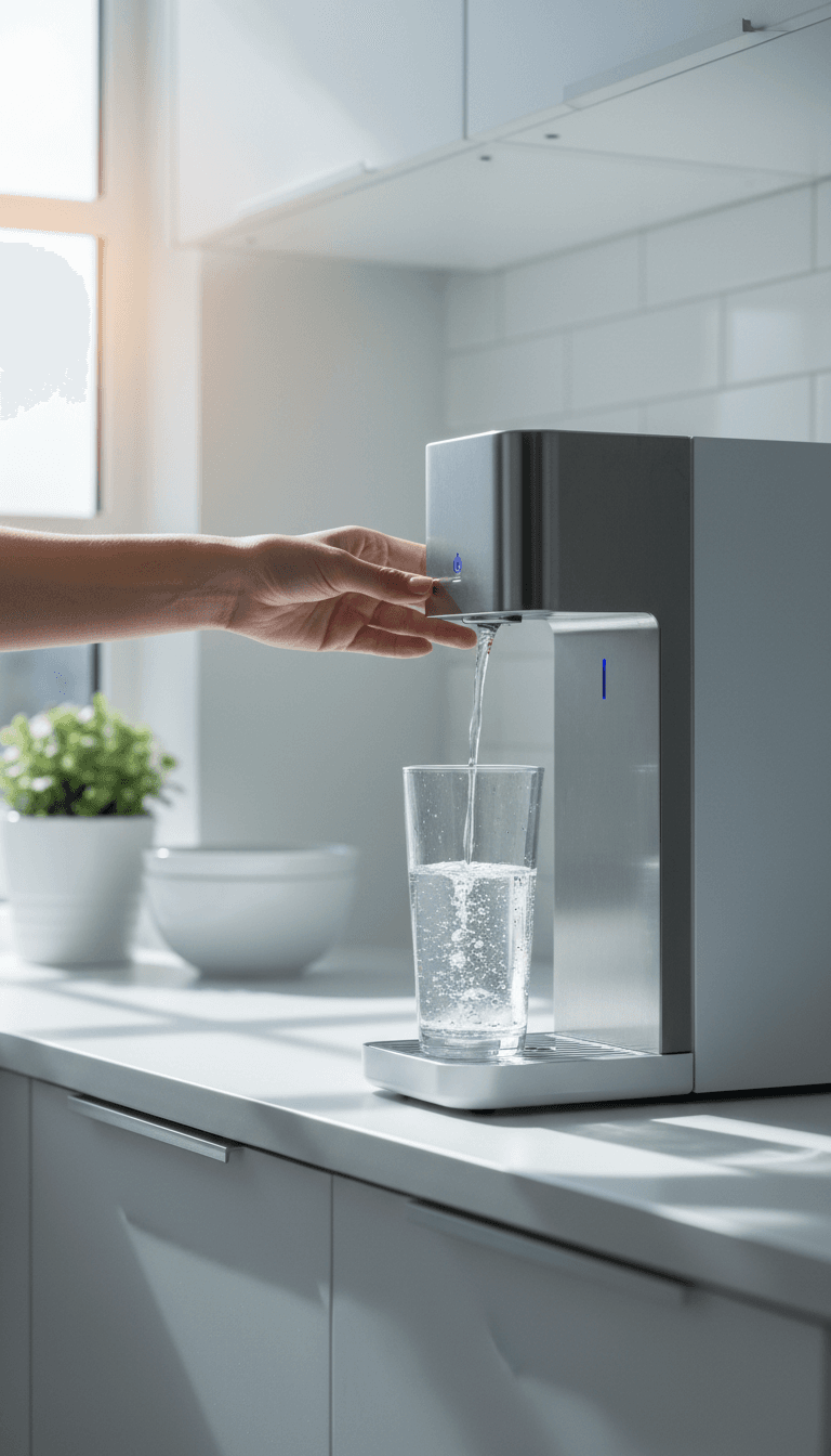 Dispenser moderno de agua purificada con vaso de agua cristalina en cocina contemporánea