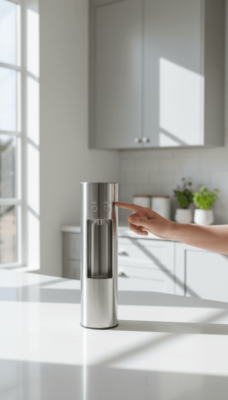 Dispenser de agua filtrada moderno en cocina con agua purificada lista para usar