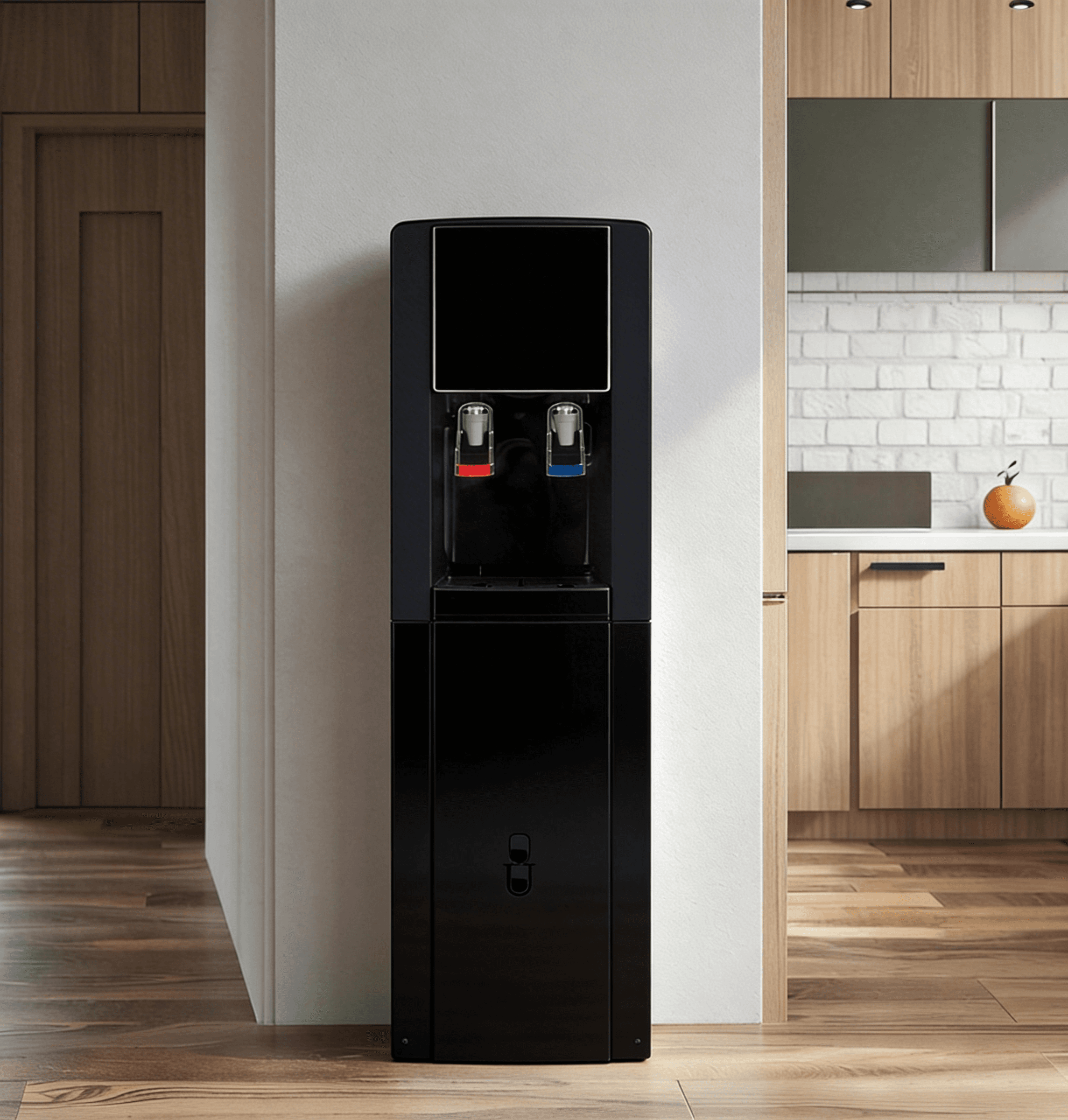 Sleek black water dispenser with hot and cold taps standing in a modern home kitchen.