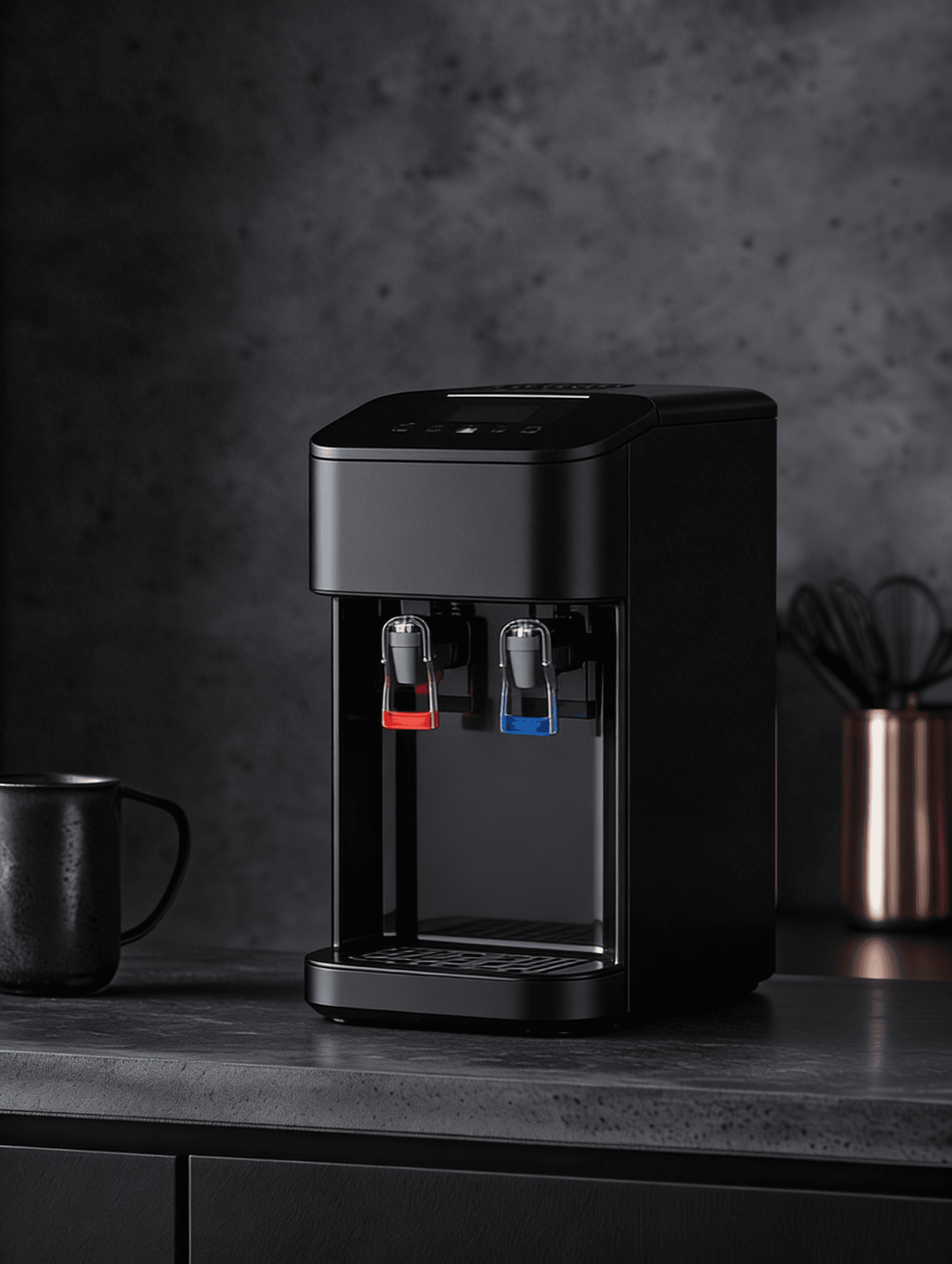 Sleek black water dispenser with red and blue taps on a dark stone countertop.