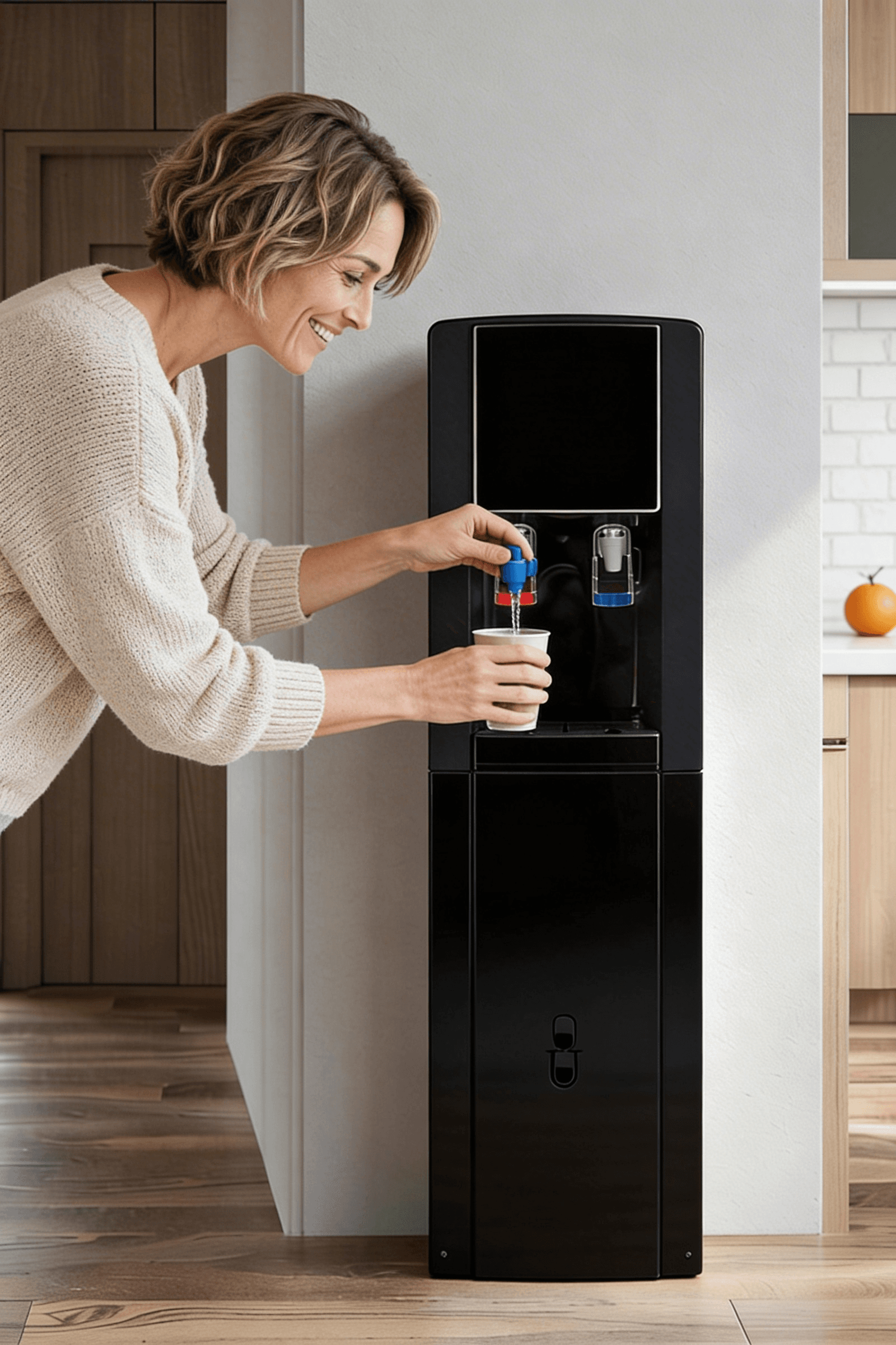 Smiling woman in a cream sweater fills a cup from a black water dispenser.